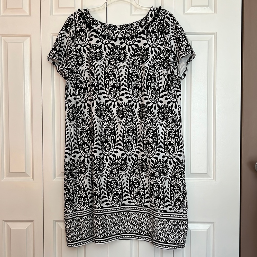Talbots Black and White paisley Pompom trim dress